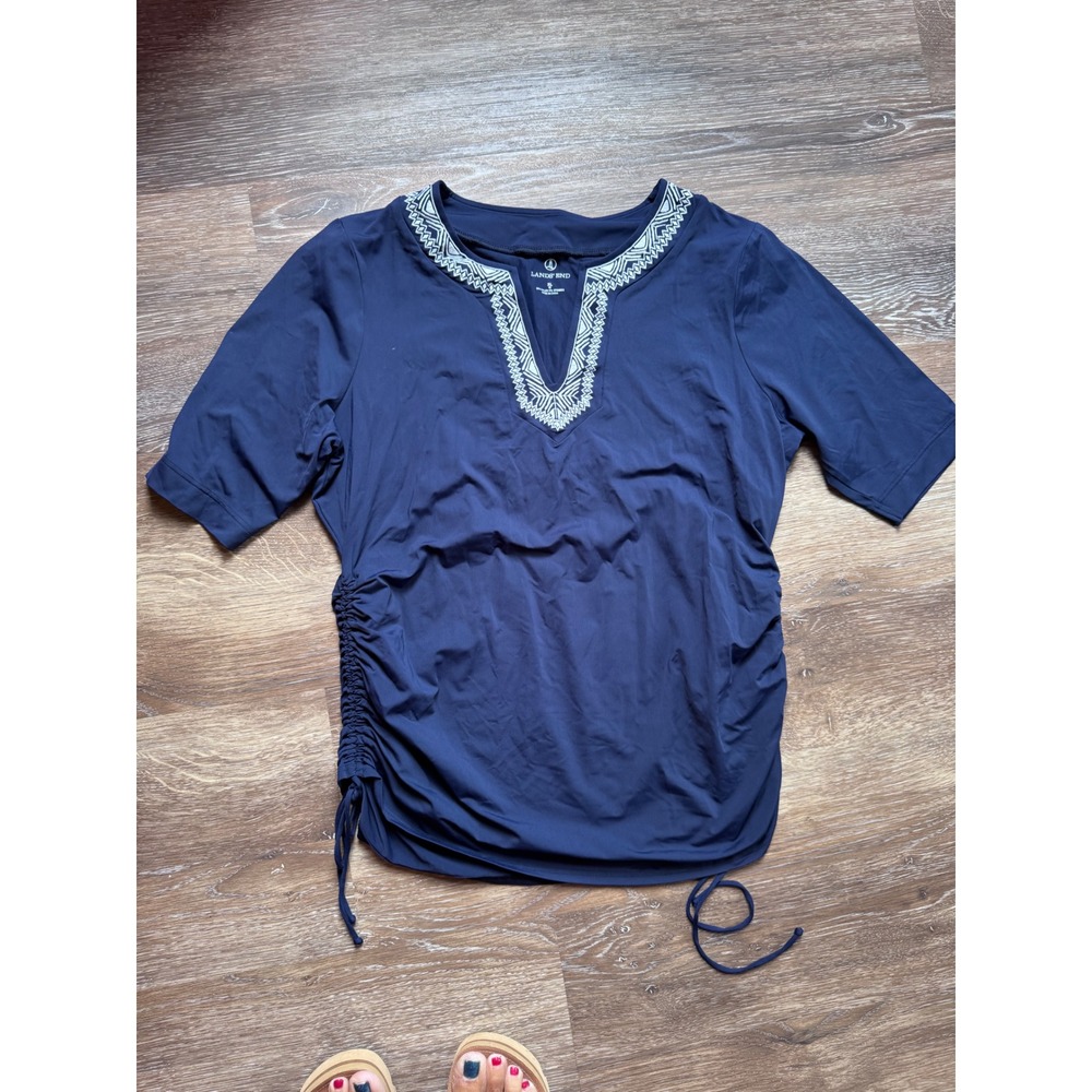 Lands End Navy Blue Embroidered Swim Tunic Rash Guard XL 18 Side Ruched Top
